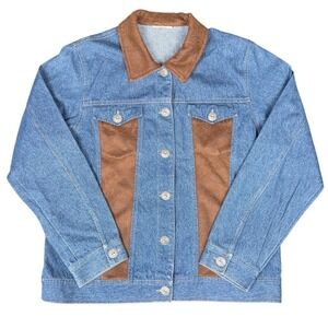 Vintage 1970s Western Denim Jacket Tooled Leather Panels‎ Ornate Buttons